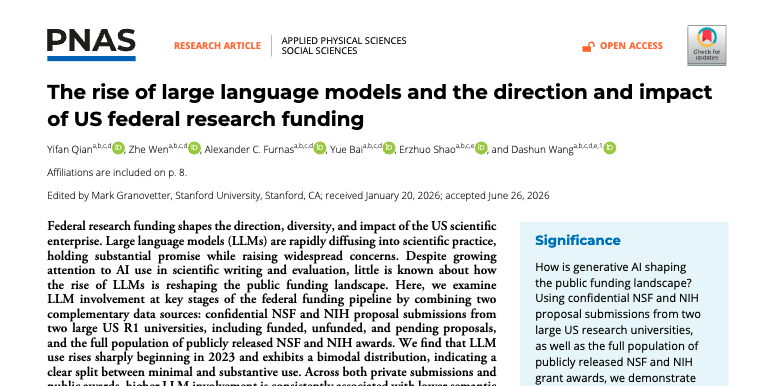 Screenshot of the first page of a scientific article titled "The rise of large language models and the direction and impactof US federal research funding"